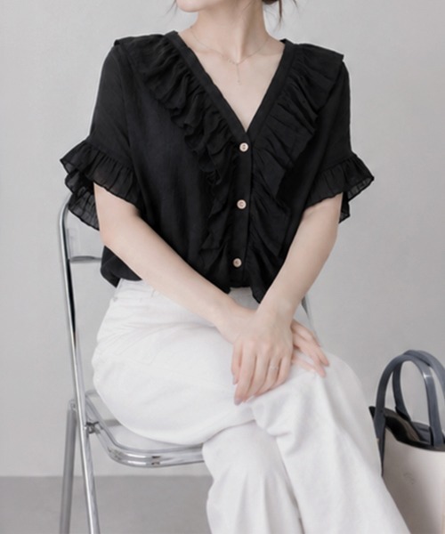 Miniministore(ミニミニストア)の「ラッフルフリルブラウスVネックトップス夏(シャツ/ブラウス・レディース・モスグリーン/ロイヤルブルー/インディゴブルー/ブラウン/ブラック・FREE)」の9枚目の写真