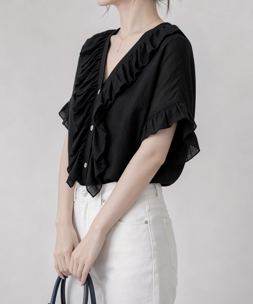 Miniministore(ミニミニストア)の「ラッフルフリルブラウスVネックトップス夏(シャツ/ブラウス・レディース・モスグリーン/ロイヤルブルー/インディゴブルー/ブラウン/ブラック・FREE)」の8枚目の写真