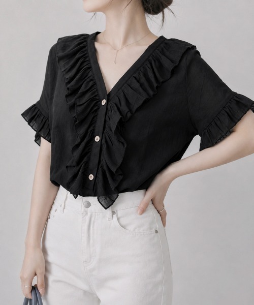Miniministore(ミニミニストア)の「ラッフルフリルブラウスVネックトップス夏(シャツ/ブラウス・レディース・モスグリーン/ロイヤルブルー/インディゴブルー/ブラウン/ブラック・FREE)」の7枚目の写真