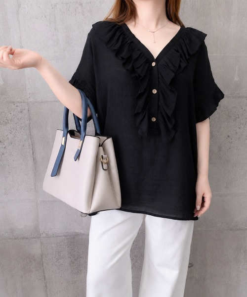 Miniministore(ミニミニストア)の「ラッフルフリルブラウスVネックトップス夏(シャツ/ブラウス・レディース・モスグリーン/ロイヤルブルー/インディゴブルー/ブラウン/ブラック・FREE)」の22枚目の写真