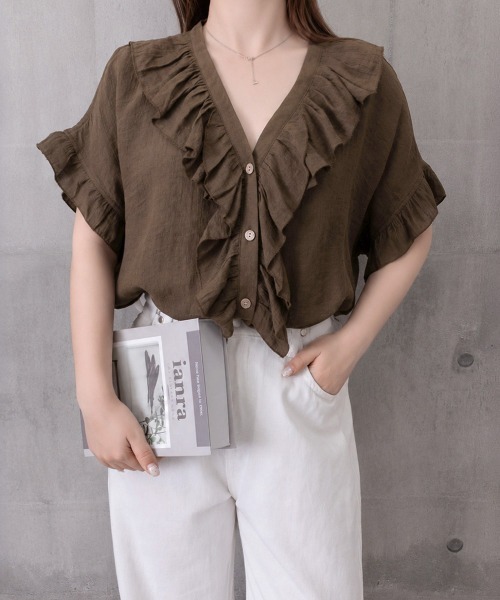 Miniministore(ミニミニストア)の「ラッフルフリルブラウスVネックトップス夏(シャツ/ブラウス・レディース・モスグリーン/ロイヤルブルー/インディゴブルー/ブラウン/ブラック・FREE)」の20枚目の写真
