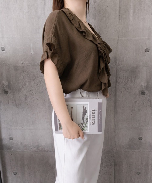 Miniministore(ミニミニストア)の「ラッフルフリルブラウスVネックトップス夏(シャツ/ブラウス・レディース・モスグリーン/ロイヤルブルー/インディゴブルー/ブラウン/ブラック・FREE)」の19枚目の写真