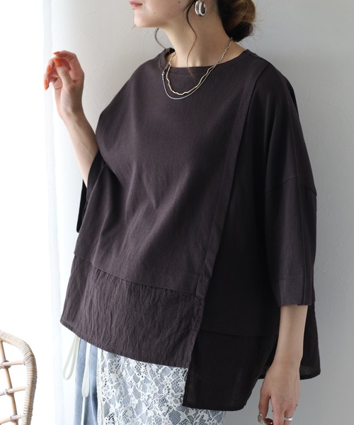 hunch（ハンチ）の「hunch スラブ素材アシメデザインカットソー 半端袖（Tシャツ/カットソー・レディース・ベージュ/チャコール/オフホワイト・FREE）」の2枚目の写真
