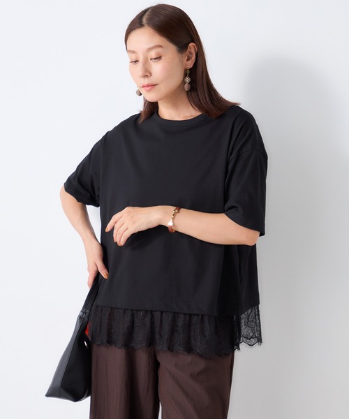 GALLORIA(ギャローリア)の「【接触冷感】裾レースゆるTシャツ(Tシャツ/カットソー・レディース・ブラック/オレンジ/グリーン・LL/M/L/S)」の1枚目の写真