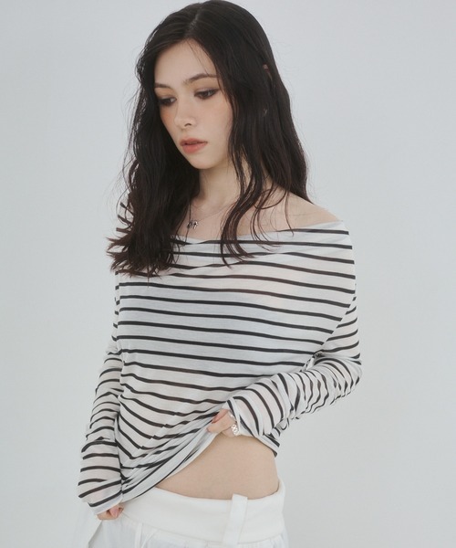 ENVYM（アンビー）の「バックリボン ボーダー シアー トップス（Tシャツ/カットソー・レディース・グレー/ブルー/ホワイト・FREE）」の7枚目の写真