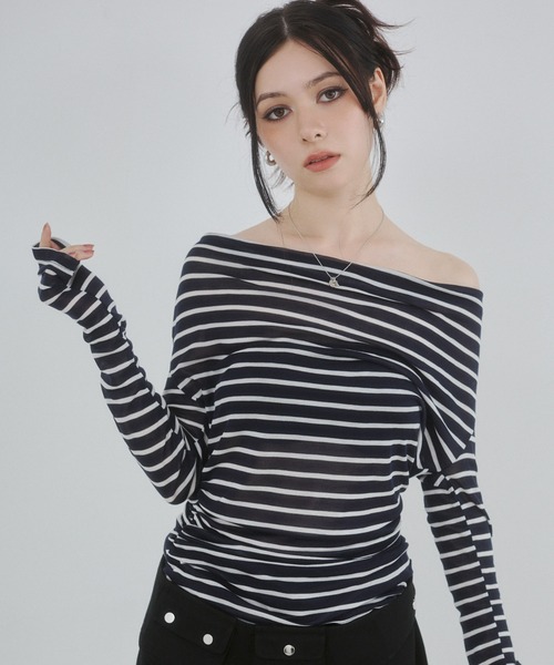 ENVYM（アンビー）の「バックリボン ボーダー シアー トップス（Tシャツ/カットソー・レディース・グレー/ブルー/ホワイト・FREE）」の17枚目の写真