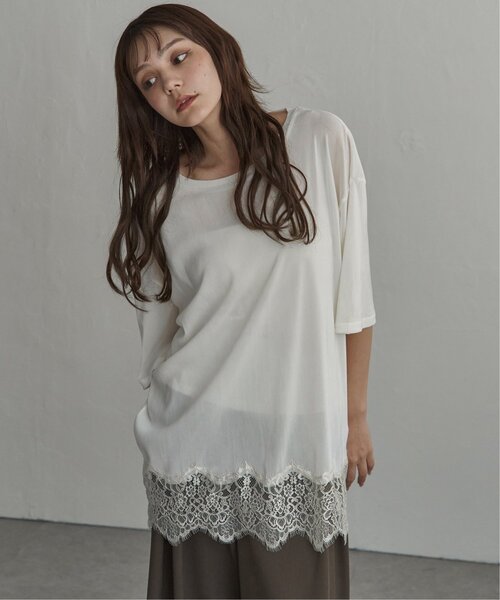 notch.（ノッチ）の「シアーベロア裾レースTシャツ（Tシャツ/カットソー・レディース・チャコール/オフホワイト/ブラック・M）」の17枚目の写真