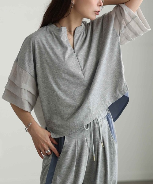 Sawa a la mode(サワアラモード)の「UV&接触冷感ハーフジップ異素材トップス(Tシャツ/カットソー・レディース・ブラック/グレー・FREE)」の1枚目の写真