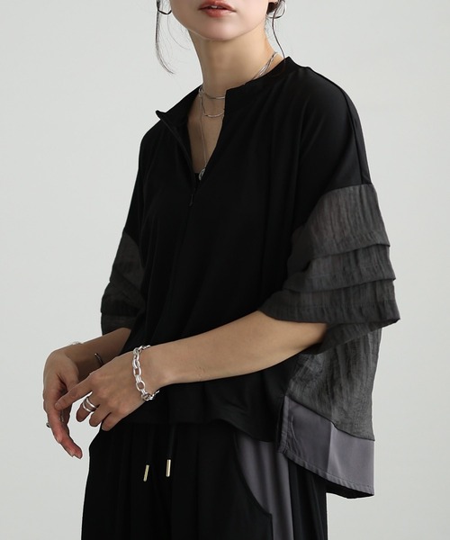 Sawa a la mode(サワアラモード)の「UV&接触冷感ハーフジップ異素材トップス(Tシャツ/カットソー・レディース・ブラック/グレー・FREE)」の2枚目の写真