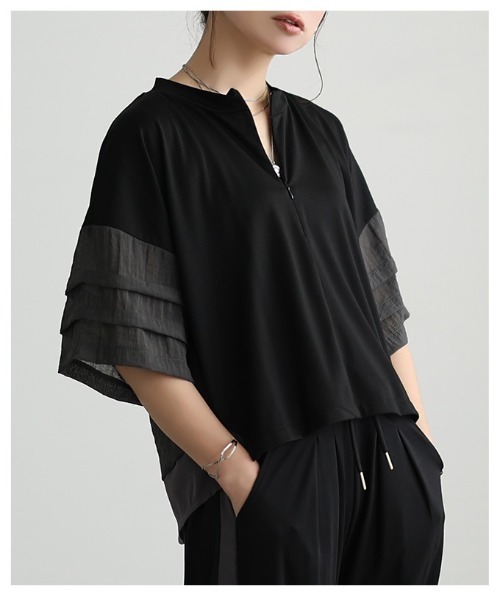 Sawa a la mode(サワアラモード)の「UV&接触冷感ハーフジップ異素材トップス(Tシャツ/カットソー・レディース・ブラック/グレー・FREE)」の9枚目の写真