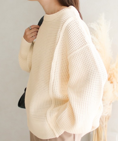 NYLAUS(ナイラス)の「【SG】ワッフルニット トップス プルオーバー(ニット/セーター・レディース・アイボリー/チャコールグレー・FREE)」の12枚目の写真