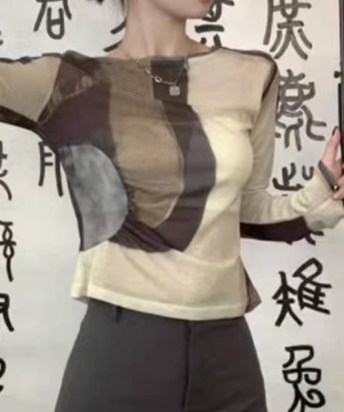 ampm(エーエムピーエム)の「アブストラクト柄シアー ロングスリーブトップス(Tシャツ/カットソー・レディース・ブラウン・FREE)」の17枚目の写真