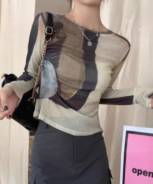 ampm(エーエムピーエム)の「アブストラクト柄シアー ロングスリーブトップス(Tシャツ/カットソー・レディース・ブラウン・FREE)」の20枚目の写真
