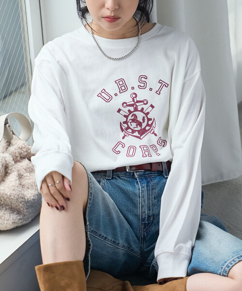 FREAK'S STORE（フリークスストア）の「フロッキープリント カレッジロゴロンT/フロッキーロゴTシャツ（Tシャツ/カットソー・レディース・レッド/ネイビー/オフホワイト・ﾌﾘ-）」の10枚目の写真