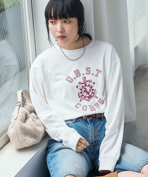 FREAK'S STORE（フリークスストア）の「フロッキープリント カレッジロゴロンT/フロッキーロゴTシャツ（Tシャツ/カットソー・レディース・レッド/ネイビー/オフホワイト・ﾌﾘ-）」の11枚目の写真