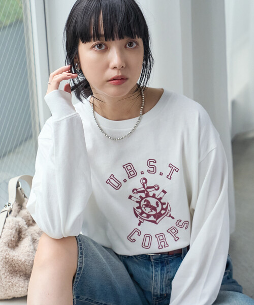 FREAK'S STORE（フリークスストア）の「フロッキープリント カレッジロゴロンT/フロッキーロゴTシャツ（Tシャツ/カットソー・レディース・レッド/ネイビー/オフホワイト・ﾌﾘ-）」の12枚目の写真