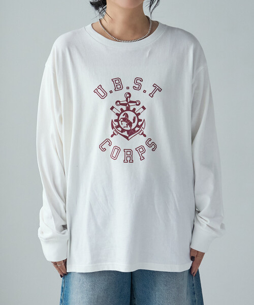 FREAK'S STORE（フリークスストア）の「フロッキープリント カレッジロゴロンT/フロッキーロゴTシャツ（Tシャツ/カットソー・レディース・レッド/ネイビー/オフホワイト・ﾌﾘ-）」の13枚目の写真