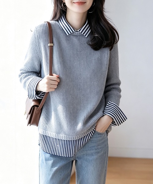 Doux Belle(ドゥーベル)の「ストライプ柄シャツ襟レイヤード風ドッキングニットプルオーバー(ニット/セーター・レディース・ライトグレー/ブラック/ベージュ/ネイビー・FREE)」の3枚目の写真