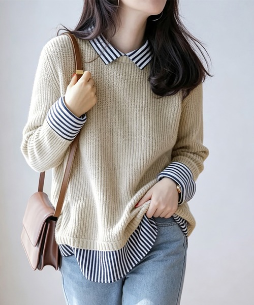 Doux Belle(ドゥーベル)の「ストライプ柄シャツ襟レイヤード風ドッキングニットプルオーバー(ニット/セーター・レディース・ライトグレー/ブラック/ベージュ/ネイビー・FREE)」の6枚目の写真