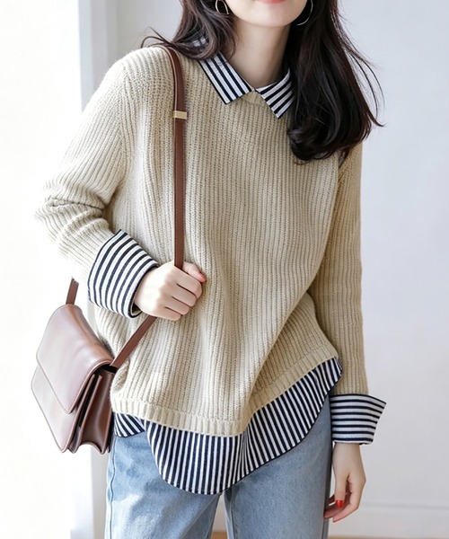 Doux Belle(ドゥーベル)の「ストライプ柄シャツ襟レイヤード風ドッキングニットプルオーバー(ニット/セーター・レディース・ライトグレー/ブラック/ベージュ/ネイビー・FREE)」の7枚目の写真