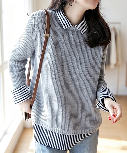 Doux Belle(ドゥーベル)の「ストライプ柄シャツ襟レイヤード風ドッキングニットプルオーバー(ニット/セーター・レディース・ライトグレー/ブラック/ベージュ/ネイビー・FREE)」の10枚目の写真