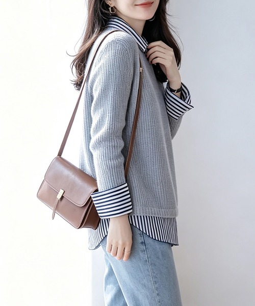 Doux Belle(ドゥーベル)の「ストライプ柄シャツ襟レイヤード風ドッキングニットプルオーバー(ニット/セーター・レディース・ライトグレー/ブラック/ベージュ/ネイビー・FREE)」の12枚目の写真