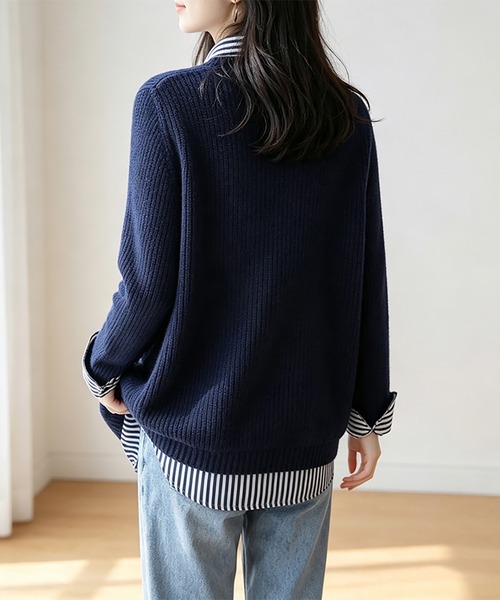 Doux Belle(ドゥーベル)の「ストライプ柄シャツ襟レイヤード風ドッキングニットプルオーバー(ニット/セーター・レディース・ライトグレー/ブラック/ベージュ/ネイビー・FREE)」の18枚目の写真