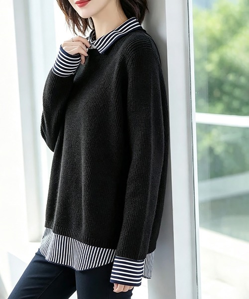 Doux Belle(ドゥーベル)の「ストライプ柄シャツ襟レイヤード風ドッキングニットプルオーバー(ニット/セーター・レディース・ライトグレー/ブラック/ベージュ/ネイビー・FREE)」の21枚目の写真
