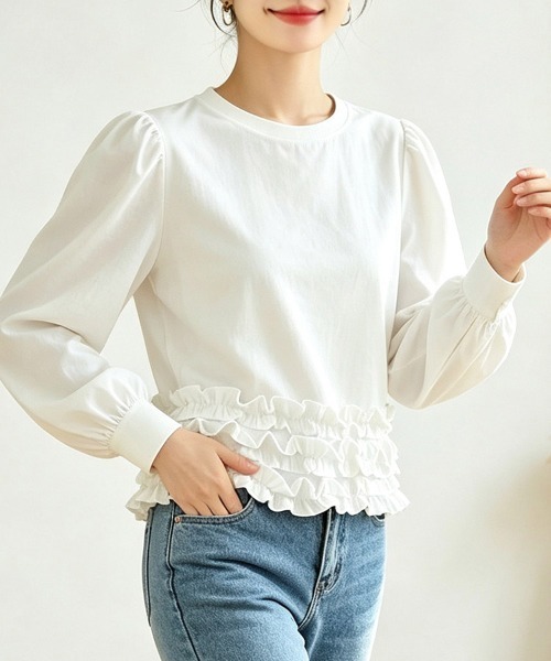 ONEP STAR(ワンピスター)の「裾フリルボリューム袖長袖カットソー(Tシャツ/カットソー・レディース・ブラック/ホワイト・FREE)」の6枚目の写真