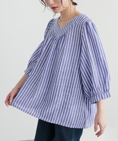 n'OrLABEL(ノアールレーベル)の「『ふんわりストライプデザインブラウス』(シャツ/ブラウス・レディース・ホワイト×ブルー・FREE)」の2枚目の写真
