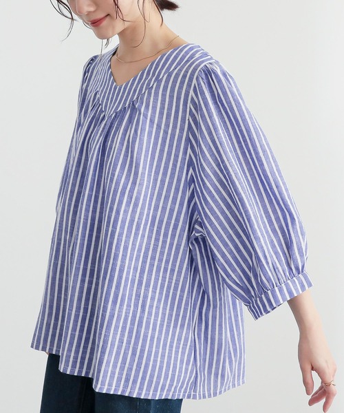 n'OrLABEL(ノアールレーベル)の「『ふんわりストライプデザインブラウス』(シャツ/ブラウス・レディース・ホワイト×ブルー・FREE)」の3枚目の写真