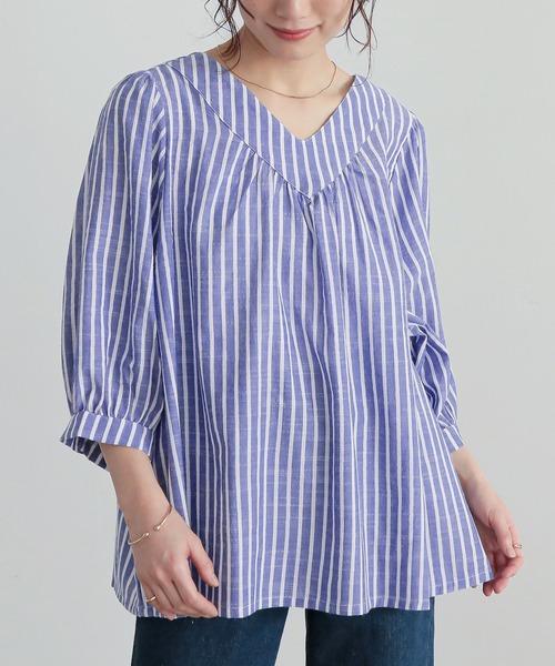 n'OrLABEL(ノアールレーベル)の「『ふんわりストライプデザインブラウス』(シャツ/ブラウス・レディース・ホワイト×ブルー・FREE)」の4枚目の写真