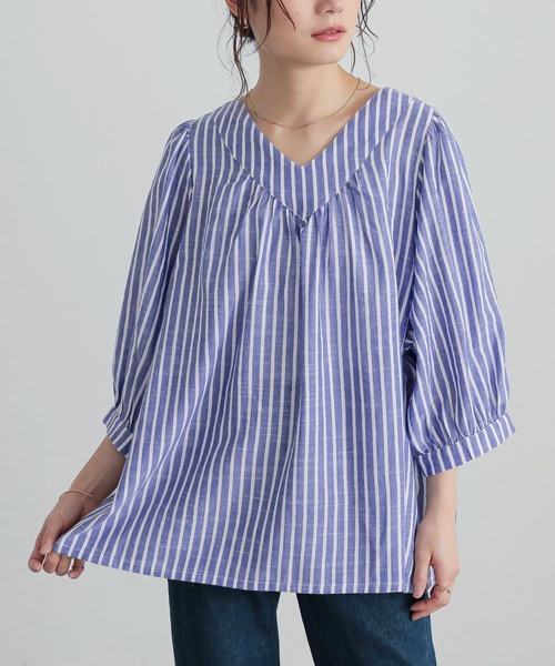 n'OrLABEL(ノアールレーベル)の「『ふんわりストライプデザインブラウス』(シャツ/ブラウス・レディース・ホワイト×ブルー・FREE)」の5枚目の写真