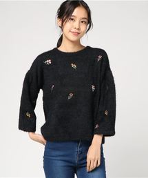 小花柄刺繍×ふんわりシャギー素材がコーデを女性らしくアップデート！刺繍シャギーニットトップス/レディースセーター[C2910]神戸レタス