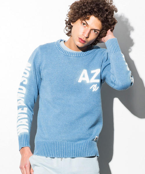 AZ by junhashimoto(エーゼイ バイ ジュンハシモト)の「AZ by junhashimoto(エーゼイ バイ ジュンハシモト)ロゴデザインインディゴ染めサマーニット(ニット/セーター・メンズ・サックスブルー/ブルー・LARGE/MEDIUM/SMALL/X-LARGE)」の1枚目の写真