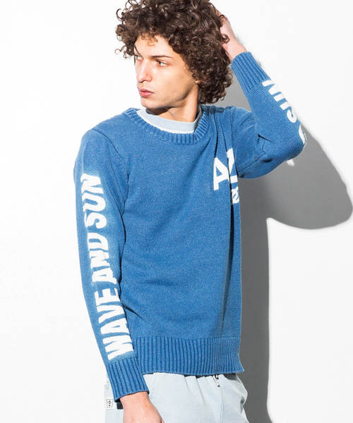 AZ by junhashimoto(エーゼイ バイ ジュンハシモト)の「AZ by junhashimoto(エーゼイ バイ ジュンハシモト)ロゴデザインインディゴ染めサマーニット(ニット/セーター・メンズ・サックスブルー/ブルー・LARGE/MEDIUM/SMALL/X-LARGE)」の2枚目の写真