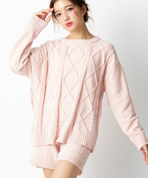 fran de lingerie(フランデランジェリー)の「teddy knit テディニット ケーブル編みショートパンツ(ルームウェア/パジャマ・レディース・オフホワイト/ピンク/モカ・M-L)」の1枚目の写真