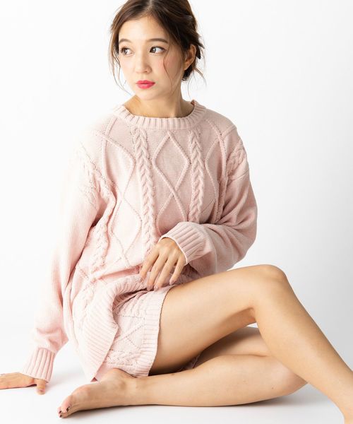 fran de lingerie(フランデランジェリー)の「teddy knit テディニット ケーブル編みショートパンツ(ルームウェア/パジャマ・レディース・オフホワイト/ピンク/モカ・M-L)」の7枚目の写真