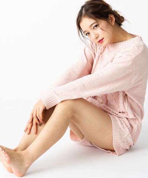 fran de lingerie(フランデランジェリー)の「teddy knit テディニット ケーブル編みショートパンツ(ルームウェア/パジャマ・レディース・オフホワイト/ピンク/モカ・M-L)」の8枚目の写真