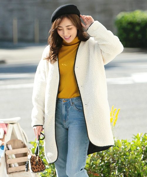 KOBE LETTUCE（コウベレタス）の「リバーシブルロングふわもこボアブルゾン（ブルゾン・レディース・カーキ/ベージュ/ブラック/アイボリー・FREE）」の5枚目の写真