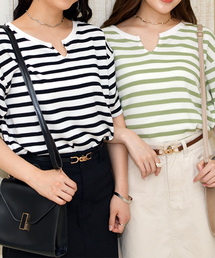 PairPair | ボーダー柄ワッフルキーネック5部袖Tシャツ(Tシャツ/カットソー)