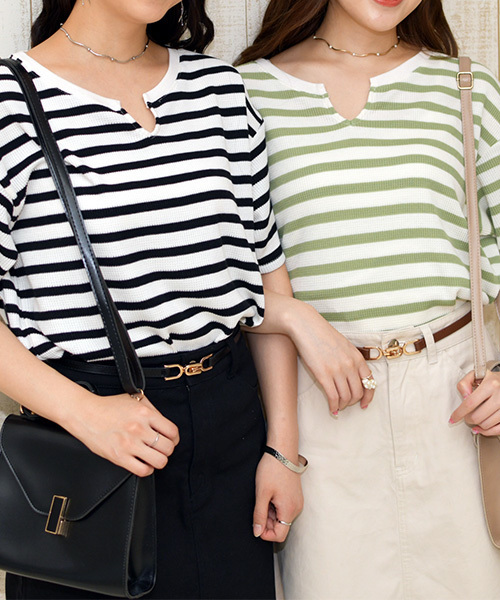 PairPair(ペアペア)の「ボーダー柄ワッフルキーネック5部袖Tシャツ(Tシャツ/カットソー・レディース・ブラック/ベージュ/ライトグリーン・FREE)」の2枚目の写真