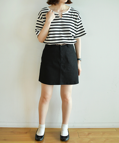 PairPair(ペアペア)の「ボーダー柄ワッフルキーネック5部袖Tシャツ(Tシャツ/カットソー・レディース・ブラック/ベージュ/ライトグリーン・FREE)」の4枚目の写真