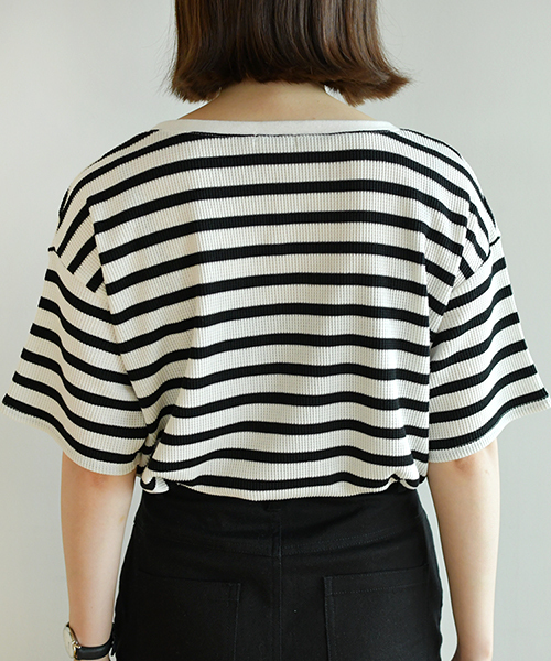 PairPair(ペアペア)の「ボーダー柄ワッフルキーネック5部袖Tシャツ(Tシャツ/カットソー・レディース・ブラック/ベージュ/ライトグリーン・FREE)」の9枚目の写真