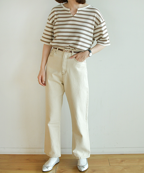 PairPair(ペアペア)の「ボーダー柄ワッフルキーネック5部袖Tシャツ(Tシャツ/カットソー・レディース・ブラック/ベージュ/ライトグリーン・FREE)」の10枚目の写真