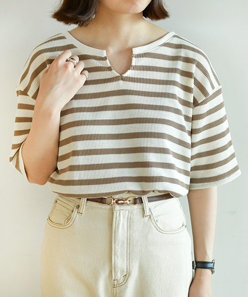 PairPair(ペアペア)の「ボーダー柄ワッフルキーネック5部袖Tシャツ(Tシャツ/カットソー・レディース・ブラック/ベージュ/ライトグリーン・FREE)」の13枚目の写真
