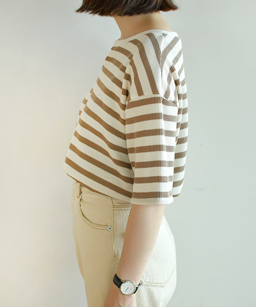 PairPair(ペアペア)の「ボーダー柄ワッフルキーネック5部袖Tシャツ(Tシャツ/カットソー・レディース・ブラック/ベージュ/ライトグリーン・FREE)」の14枚目の写真
