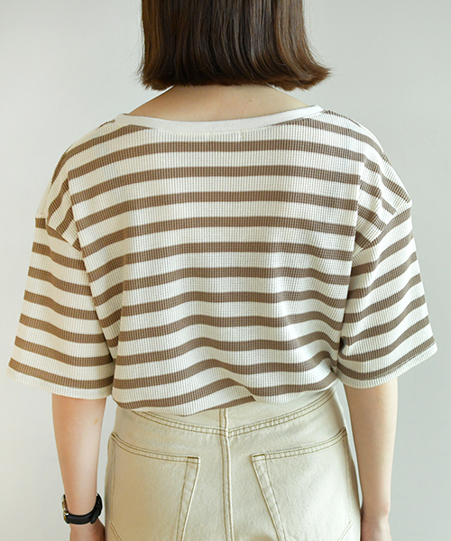 PairPair(ペアペア)の「ボーダー柄ワッフルキーネック5部袖Tシャツ(Tシャツ/カットソー・レディース・ブラック/ベージュ/ライトグリーン・FREE)」の15枚目の写真