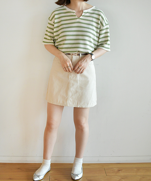 PairPair(ペアペア)の「ボーダー柄ワッフルキーネック5部袖Tシャツ(Tシャツ/カットソー・レディース・ブラック/ベージュ/ライトグリーン・FREE)」の16枚目の写真