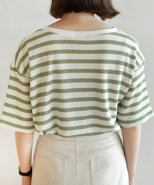 PairPair(ペアペア)の「ボーダー柄ワッフルキーネック5部袖Tシャツ(Tシャツ/カットソー・レディース・ブラック/ベージュ/ライトグリーン・FREE)」の21枚目の写真
